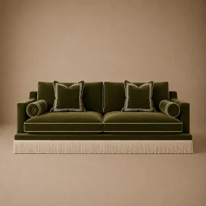 Orlando Sofa – Safari Green Velvet with Fringes